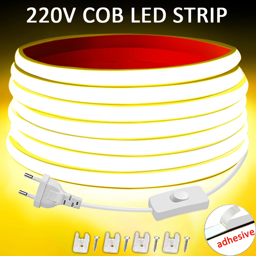 220V Waterproof COB LED Strip – Flexible Ribbon for Indoor & Outdoor Lighting